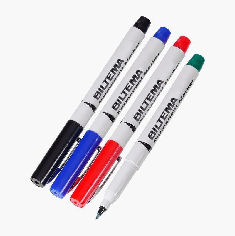 Four Biltema permanent markers: black, blue, red, and green.