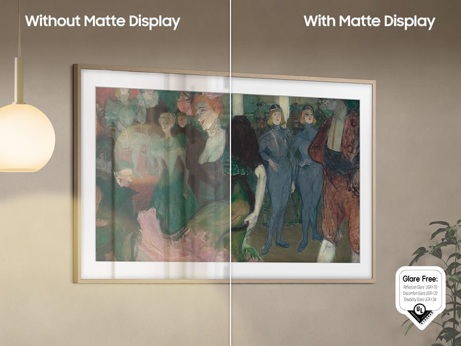A framed screen comparison: glossy with glare (left) vs. matte and glare-free (right).