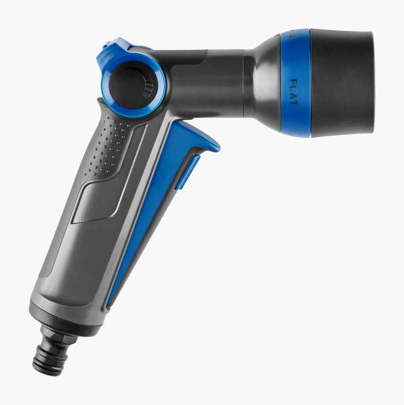 A gray and blue adjustable spray garden hose nozzle.