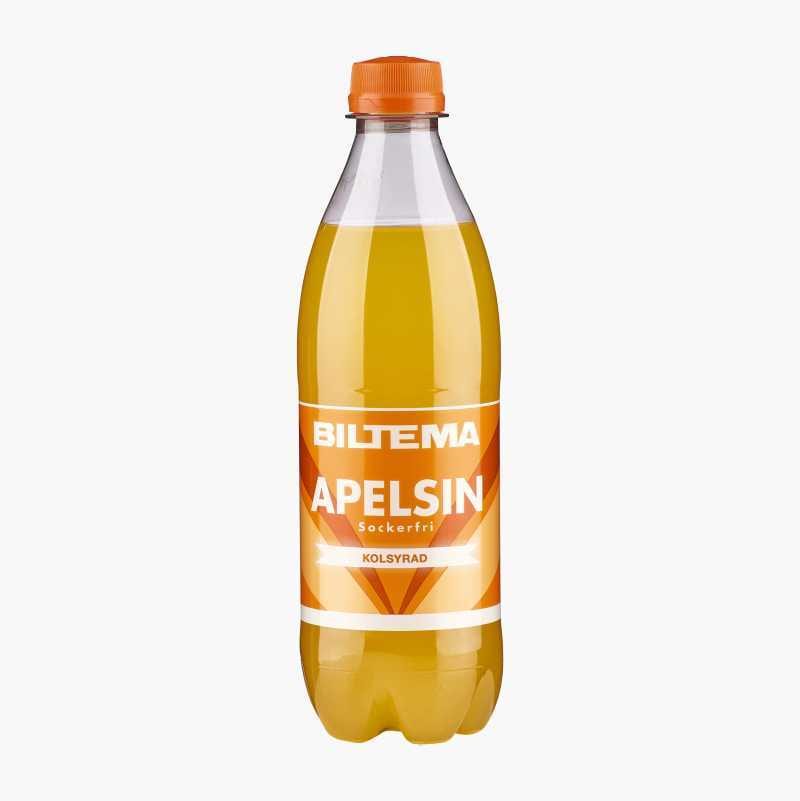 Orange soda bottle labeled 'Biltema Apelsin Sockerfri'.