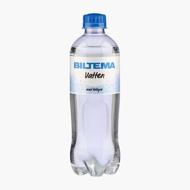 Biltema sparkling water in a clear plastic bottle with a blue cap.