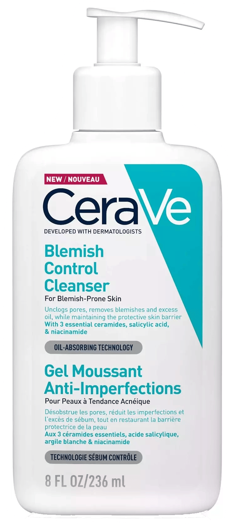 CeraVe Blemish Control Cleanser in a white pump bottle for blemish-prone skin.