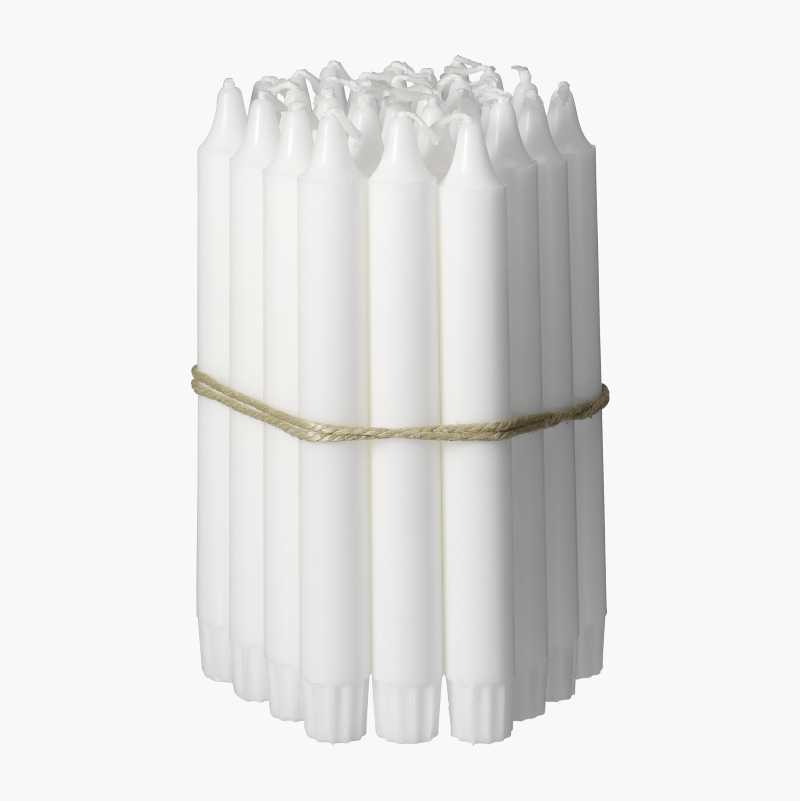 Bundle of white taper candles tied with twine.