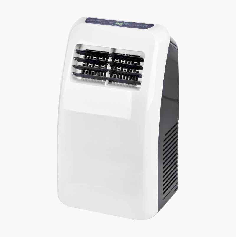White and dark grey portable air conditioner with front vents and a top digital display.