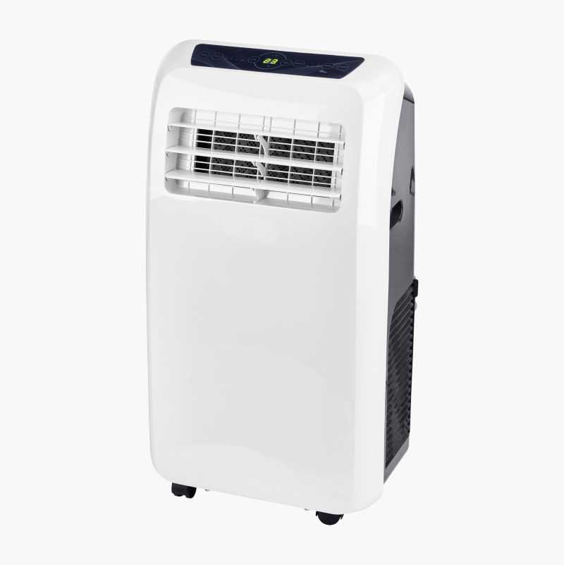White portable air conditioner with digital display and vents.