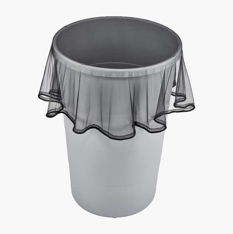Grey trash can with black mesh liner draped over its rim.