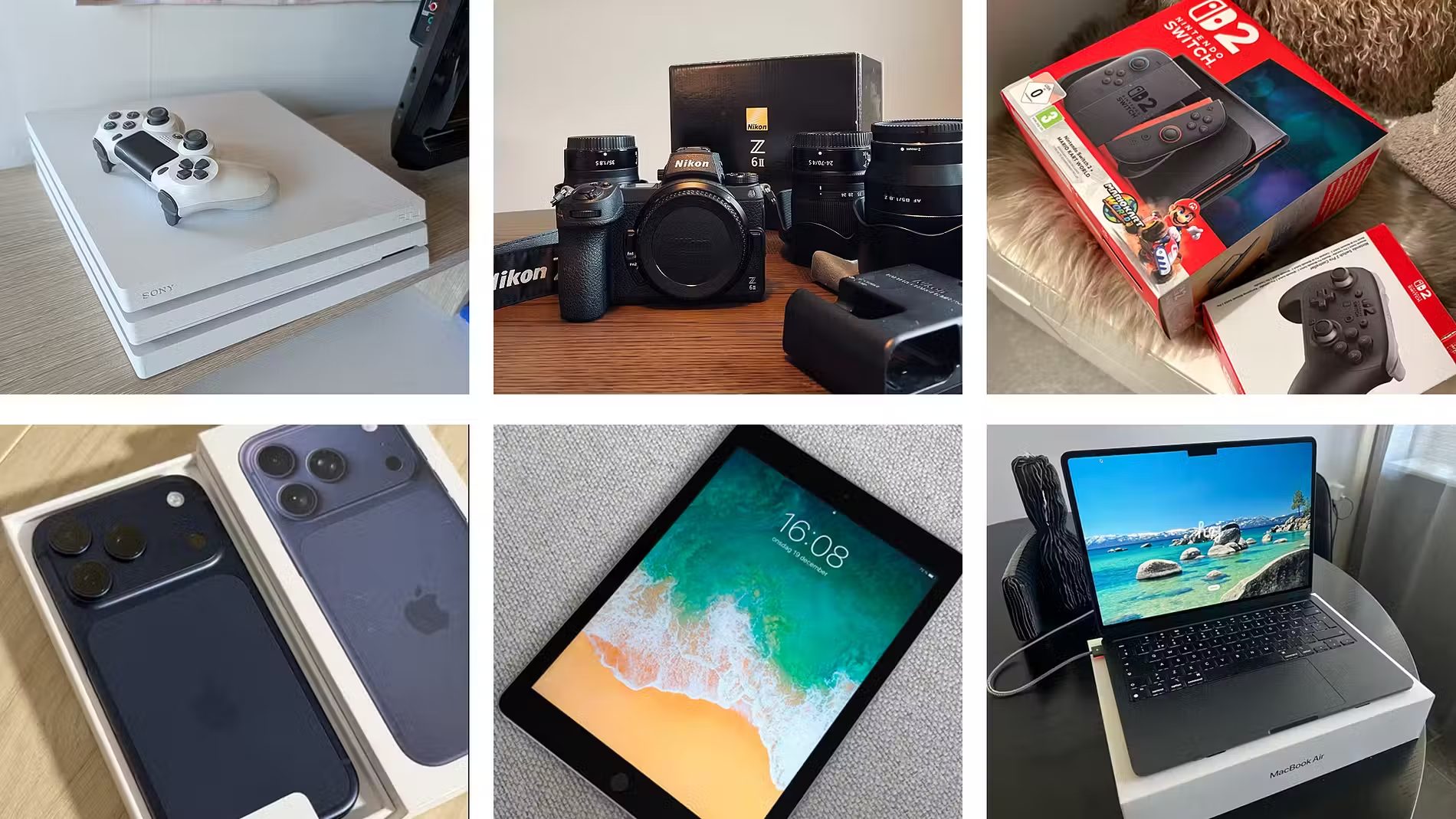 A grid of six images displaying various consumer electronics, including game consoles, cameras, phones, tablets, and laptops.