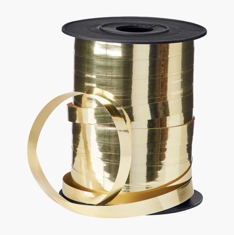 Shiny gold ribbon on a black spool, partly unwound.