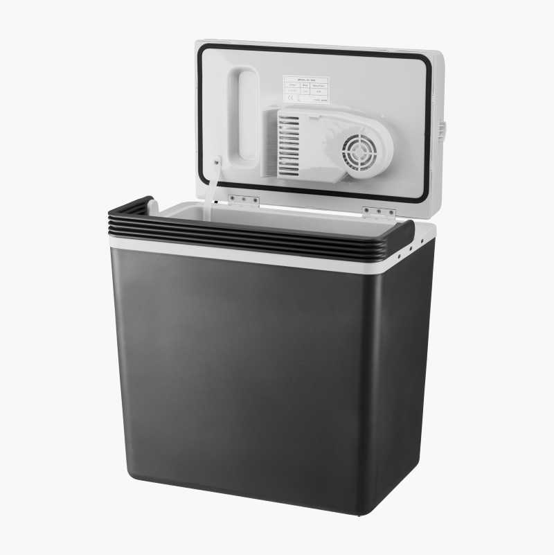 Dark gray and white portable electric cooler with lid open, showing internal fan.