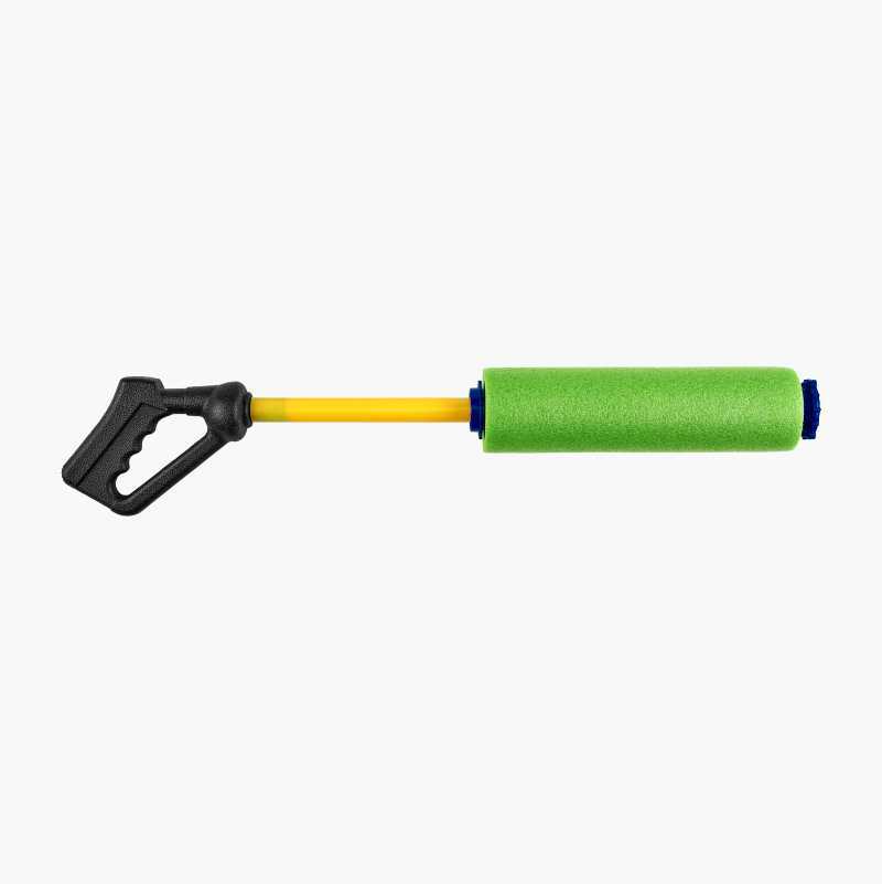 Green foam water blaster with a black handle and yellow rod.