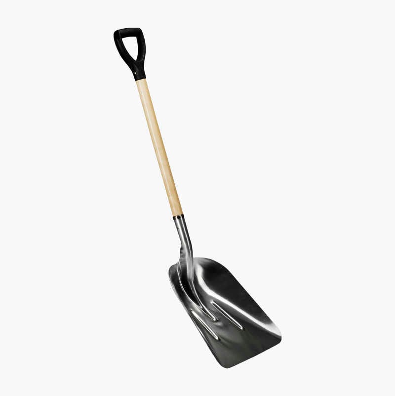 Metal shovel with wooden handle and D-grip.