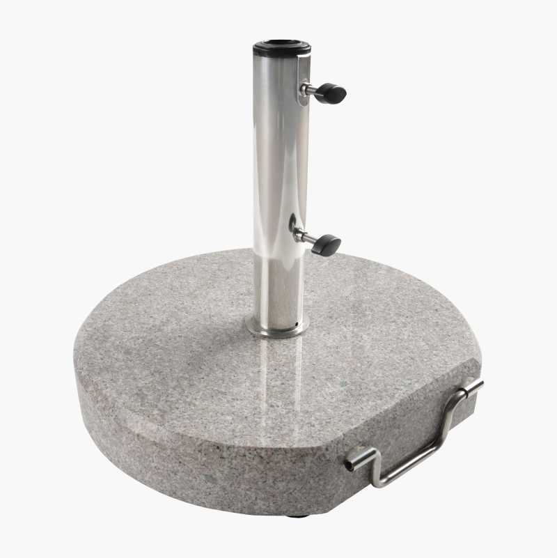 Heavy round grey granite umbrella stand with steel pole and handle.
