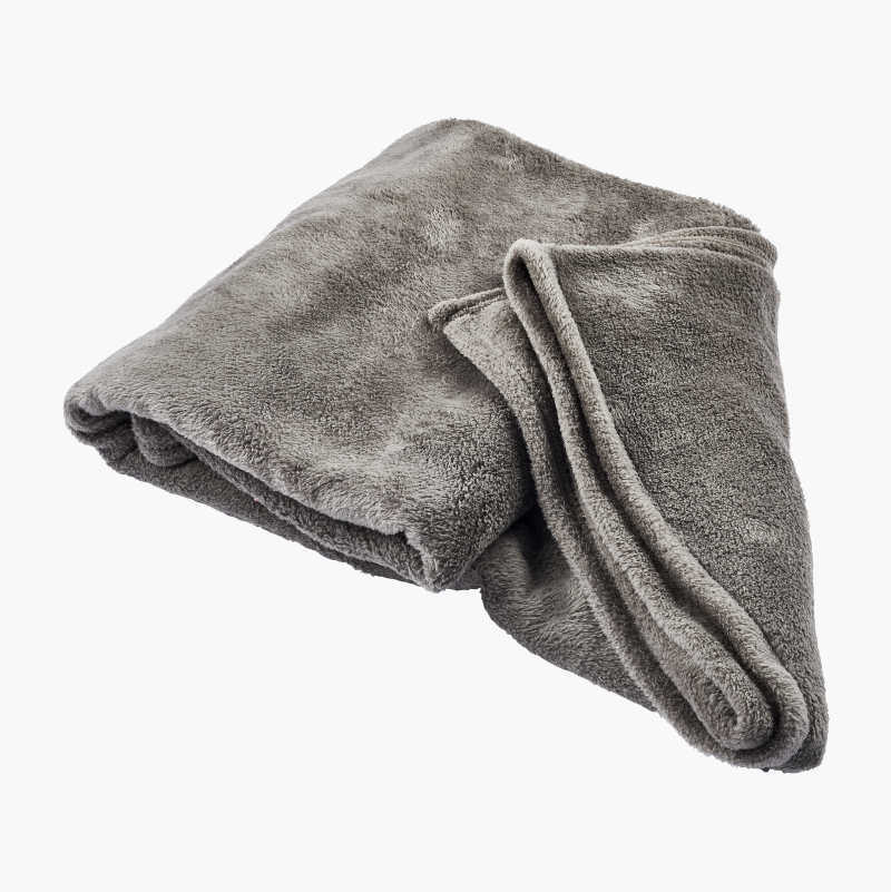 Folded grey plush blanket.