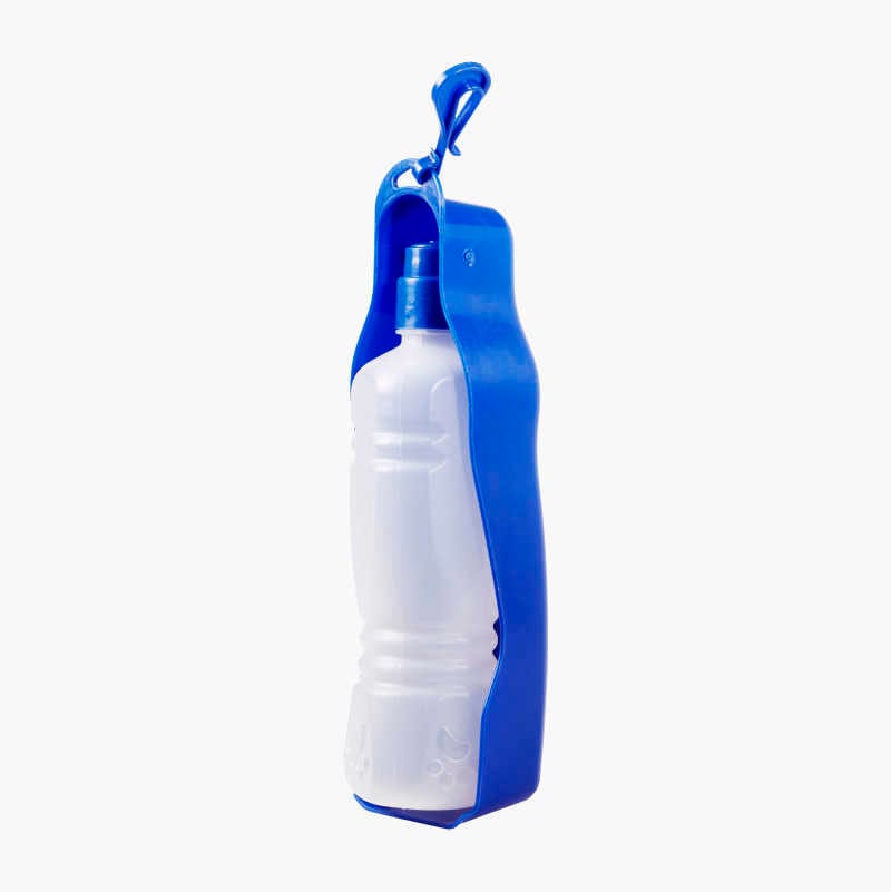 Blue portable pet water bottle with clear bottle and clip.