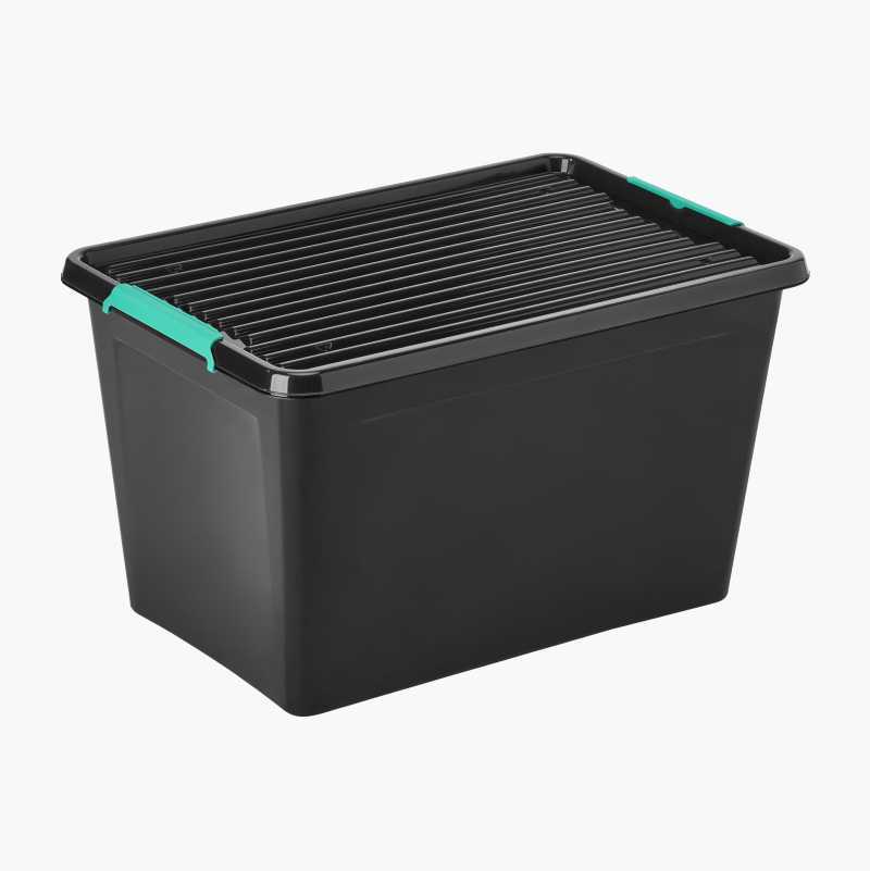 Black plastic storage box with a ribbed lid and bright green latches.
