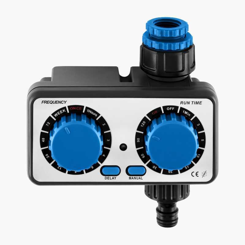 Watering timer with blue dials: frequency (hourly/weekly) and run time (minutes/on-off).