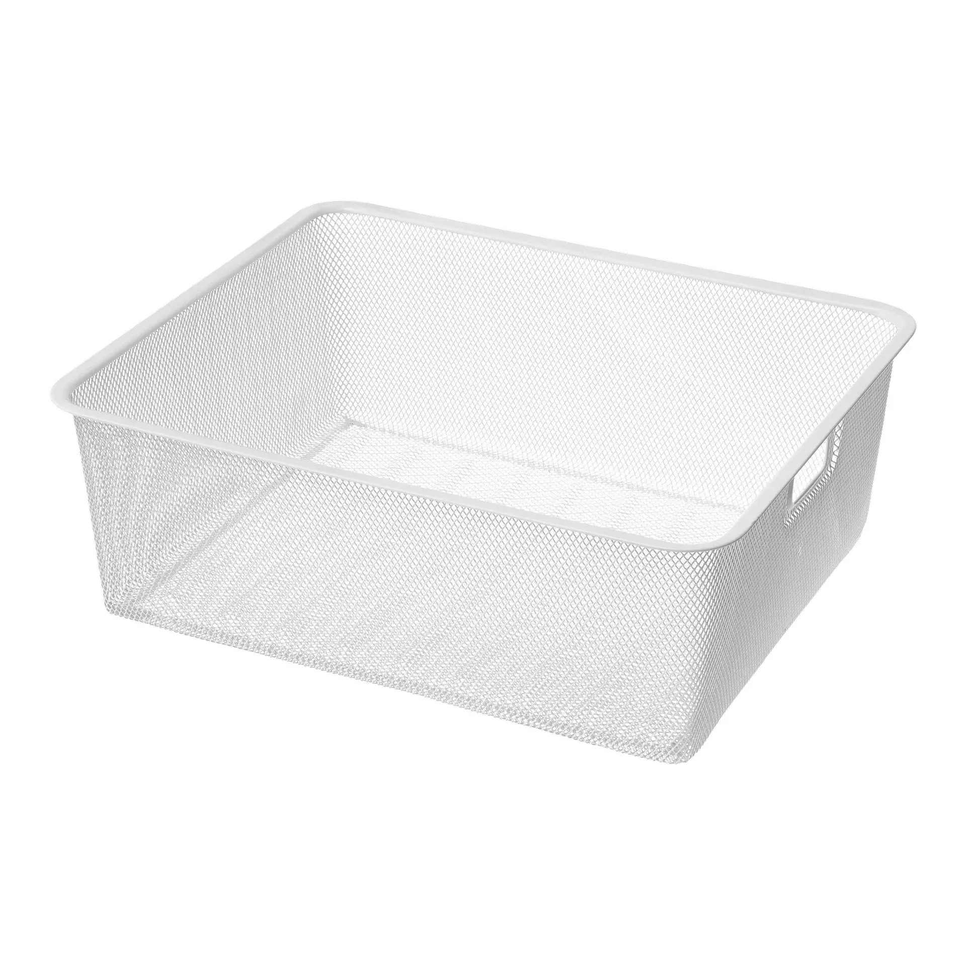 White rectangular mesh basket with integrated handles, isolated on a white background.