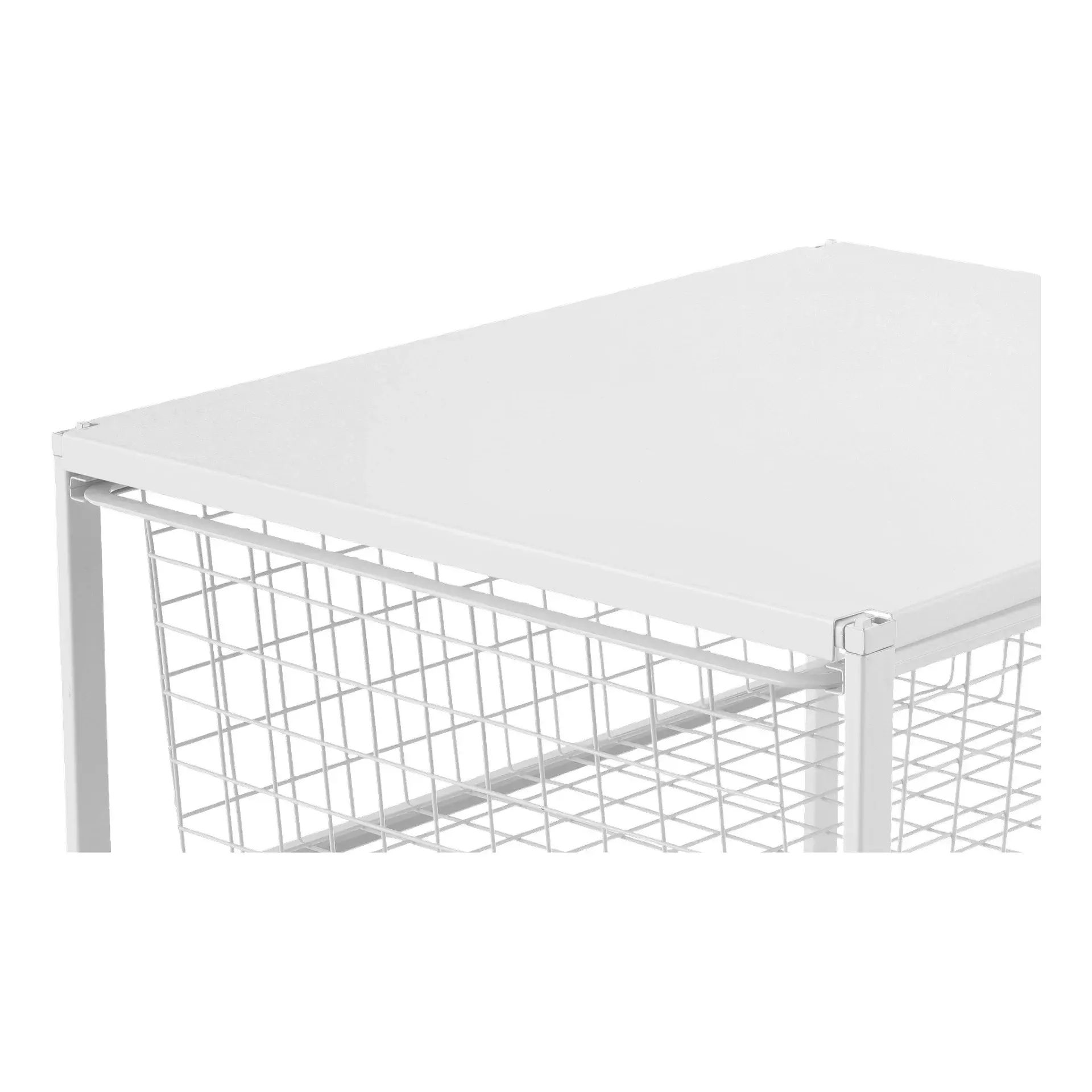 Close-up of a white metal modular storage unit with a grid basket and flat top surface.