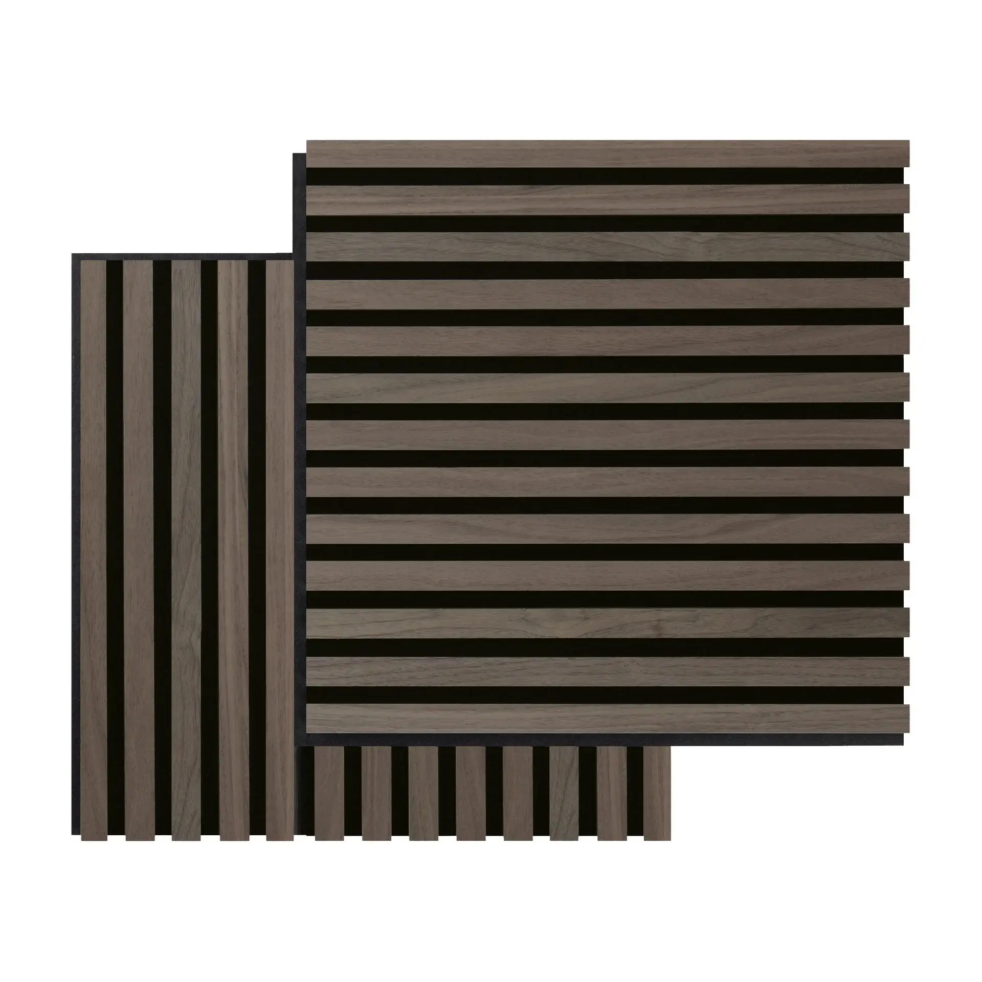 Two overlapping wood slat panels on dark backing, vertical and horizontal.