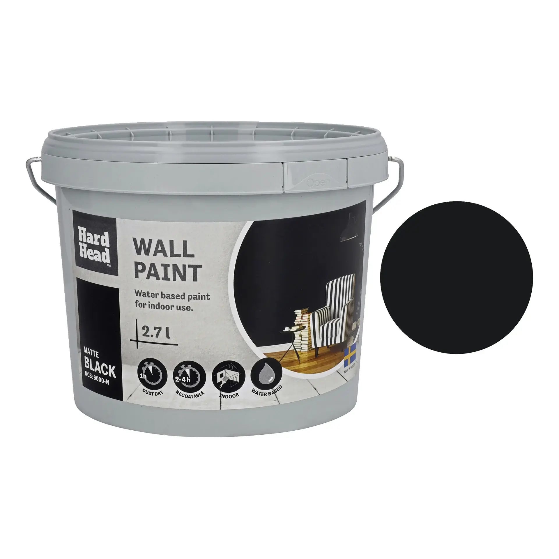Hard Head Matte Black 2.7L wall paint bucket (water-based, indoor use) with label and color swatch.