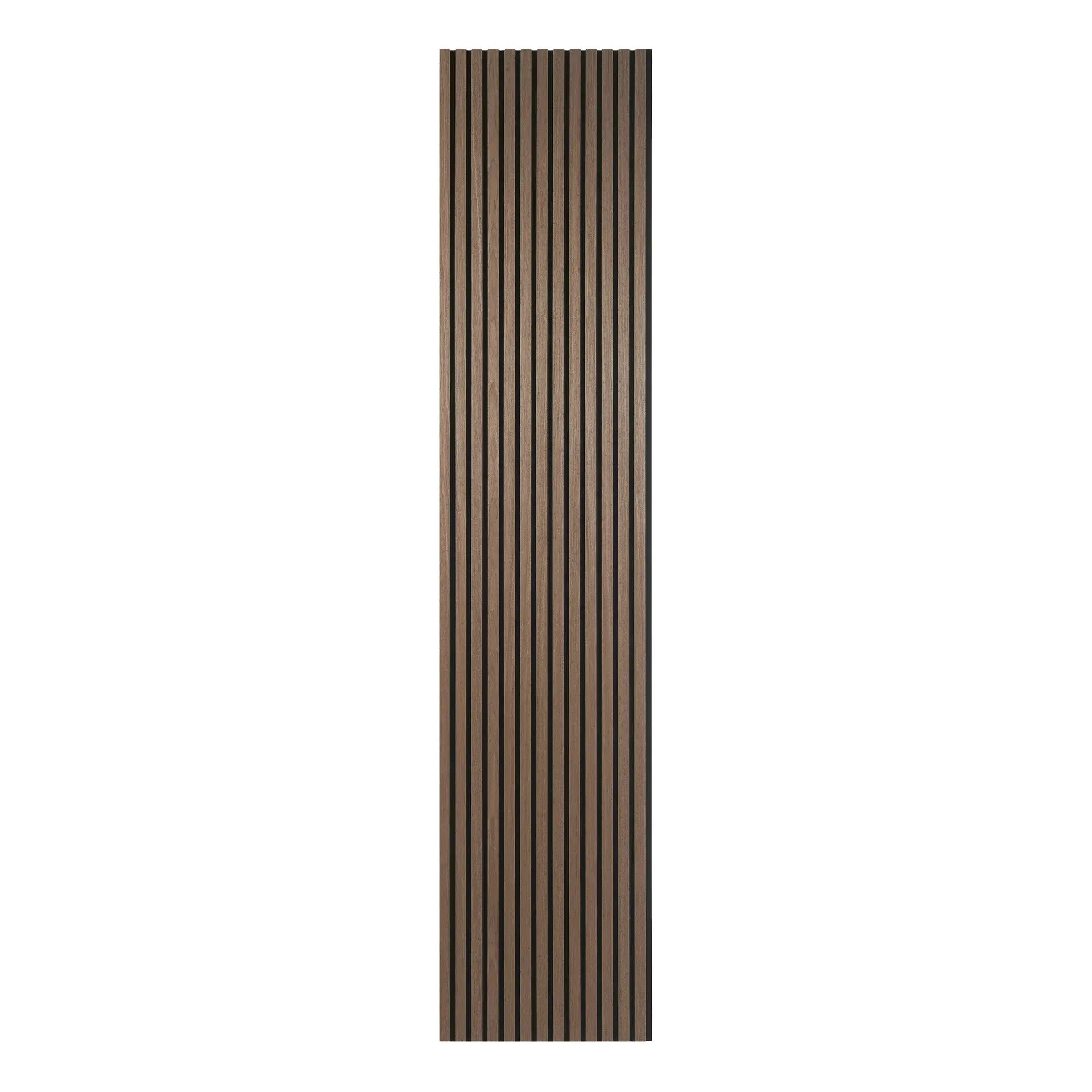 Tall, narrow panel with vertical brown wooden slats and dark gaps.