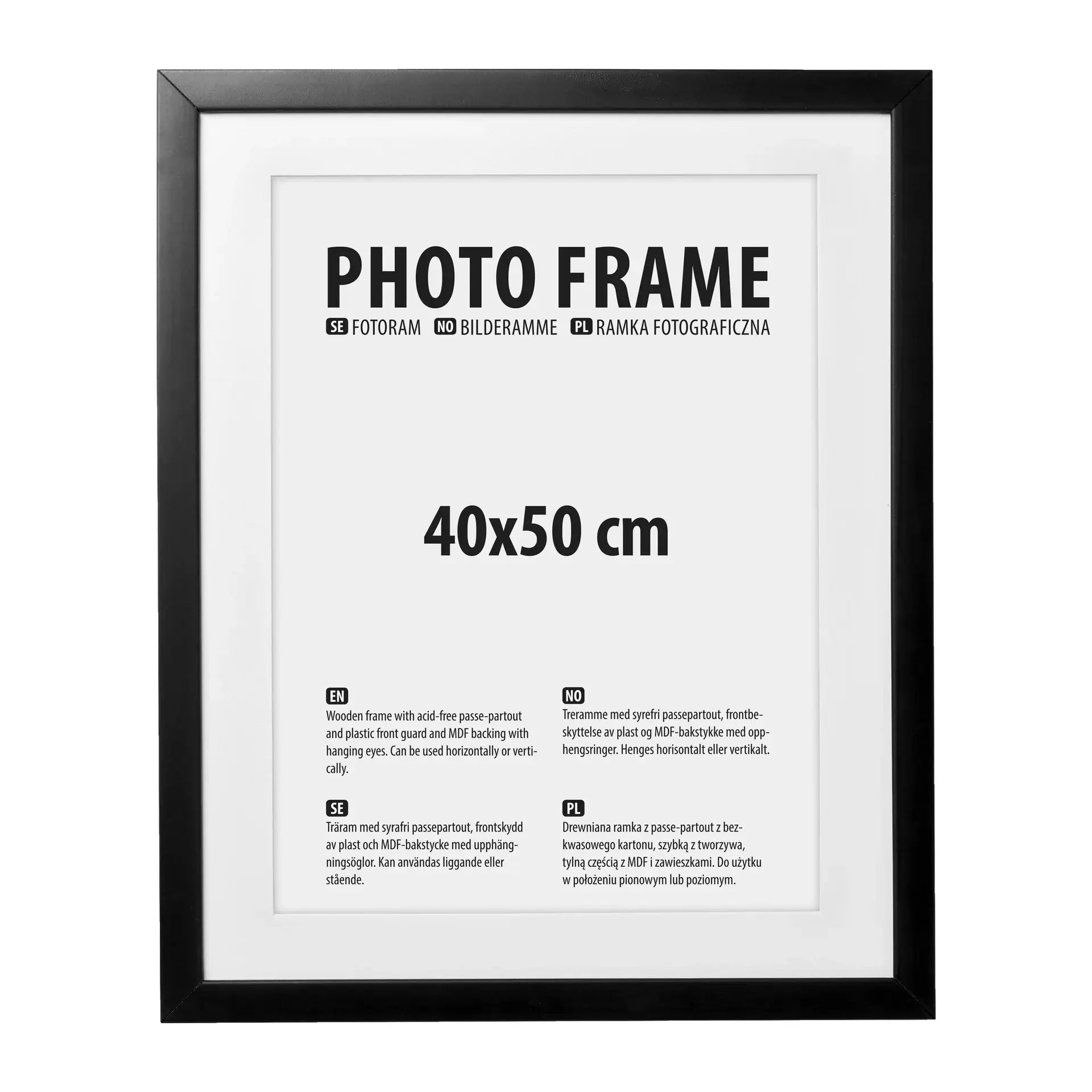 Black 40x50 cm photo frame with "PHOTO FRAME" title and multilingual product description.
