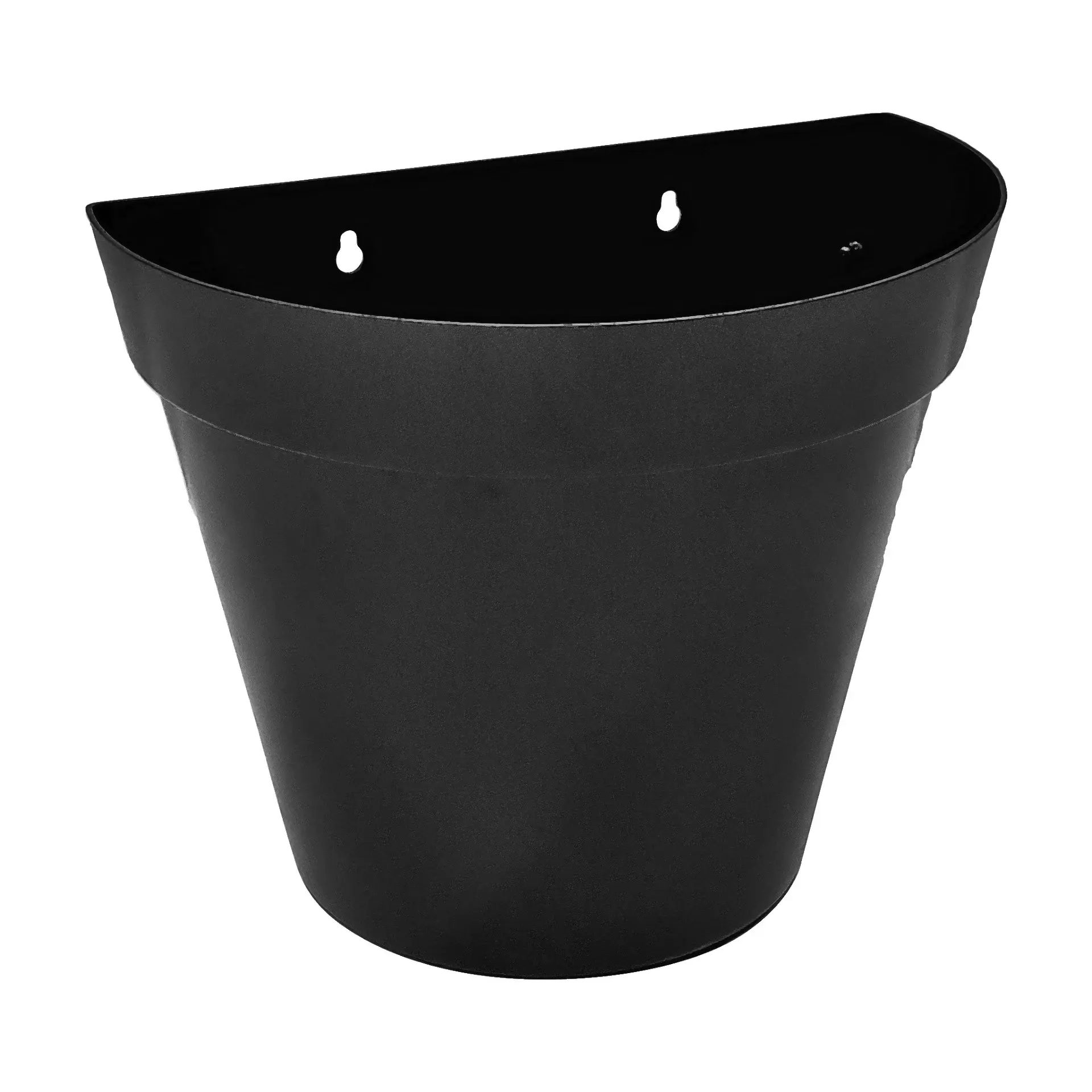 Black D-shaped wall planter with keyhole hanging slots.