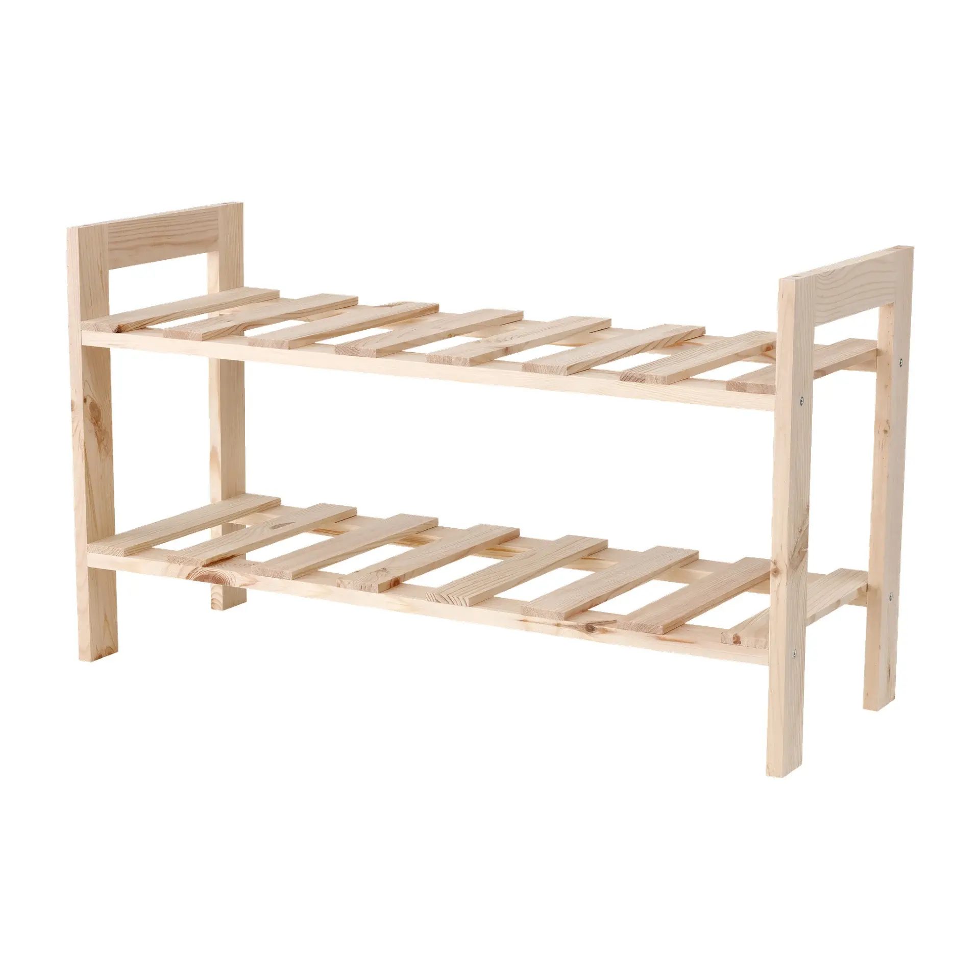 Two-tier light wood slatted shelving unit.