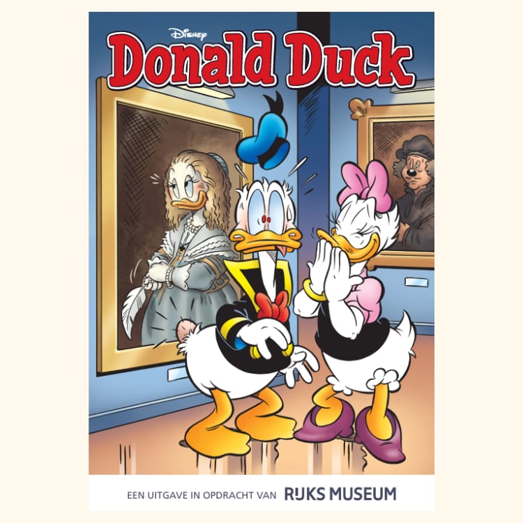 Donald Duck characters in a museum, surprised by portraits of ducks in historical attire.