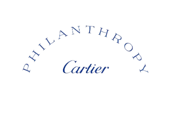 Blue text 'PHILANTHROPY' curved above 'Cartier' in a script font on a dark green background.