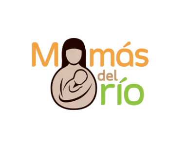 A logo for "Mamás del río" featuring a stylized mother holding a baby.