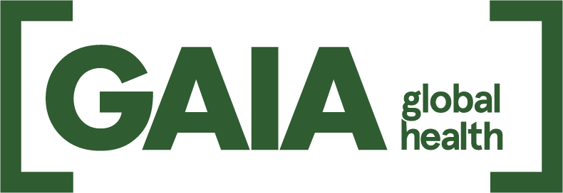 GAIA global health logo in dark green text on a solid dark green rectangular background.