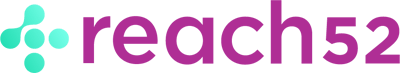 Reach52 logo featuring a teal abstract design and magenta text on a green background.