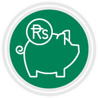 Icon of a piggy bank with an Rs (Rupee) coin for savings.