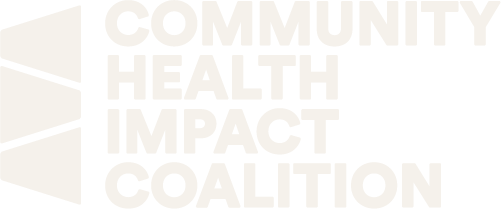 Logo for Community Health Impact Coalition, featuring a white geometric design and stacked text.