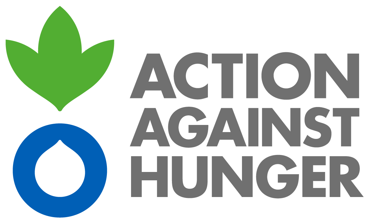 Logo for Action Against Hunger, featuring a green leaf, blue water drop symbol, and grey text.