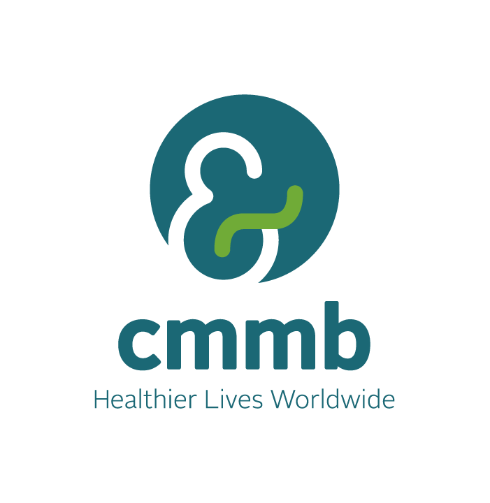 CMMB logo with a teal and green abstract symbol, the text "cmmb", and the tagline "Healthier Lives Worldwide".