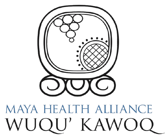 Logo with a Mayan glyph above 'Maya Health Alliance Wuqu' Kawoq' text on a dark green background.