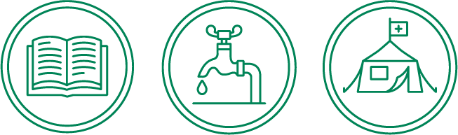 Icons of an open book, a dripping water tap, and a medical tent.