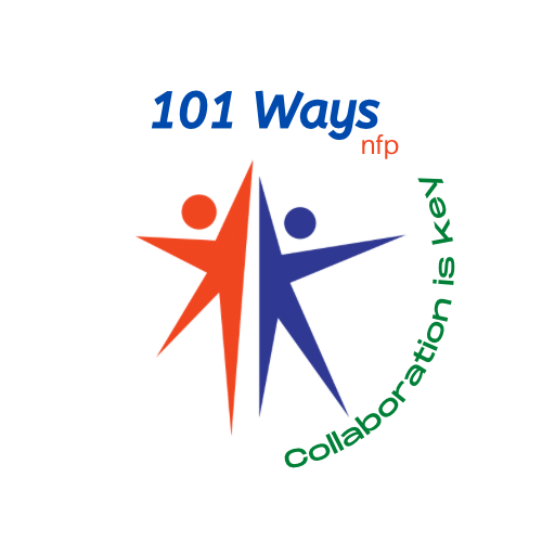 Logo for "101 Ways nfp" featuring two stylized figures and text "Collaboration is key."