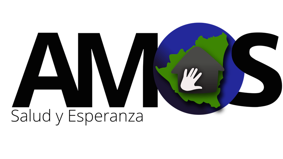 Logo for AMOS Salud y Esperanza, featuring text and a graphic with a house, hand, and map of Nicaragua.