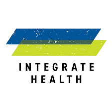 Logo for Integrate Health featuring two overlapping rectangles in blue and yellow above the text 'INTEGRATE HEALTH'.