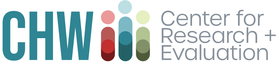 Logo: CHW Center for Research + Evaluation. Teal 'CHW', three colorful figures, grey text.
