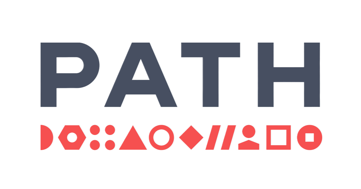 The word "PATH" above a line of red abstract geometric shapes on a dark green background.