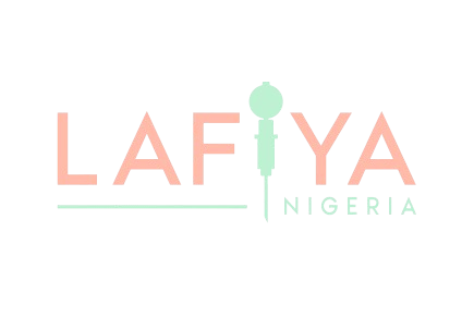 LAFIYA NIGERIA logo in light pink and green on a dark green background, with a stylized 'I' as a medical device.