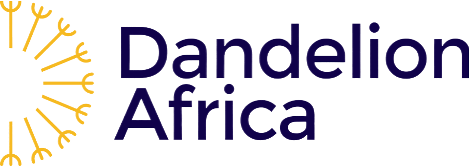 Logo for Dandelion Africa featuring a stylized yellow dandelion puffball and dark blue text on a green background.
