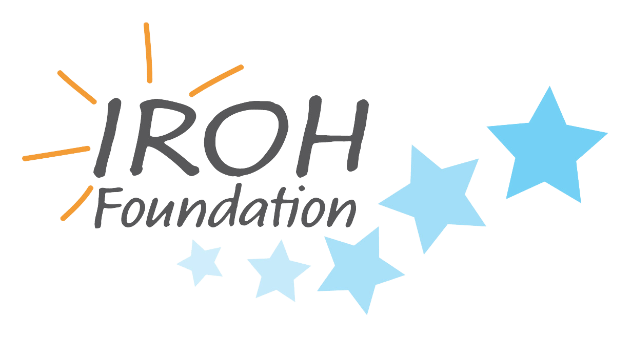 IROH Foundation logo with stylized gray text, radiating orange lines, and light blue stars.