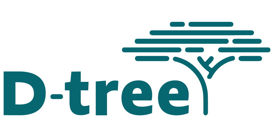 The D-tree logo features 'D-tree' text in teal with a stylized tree icon forming part of the 'y' and extending right.
