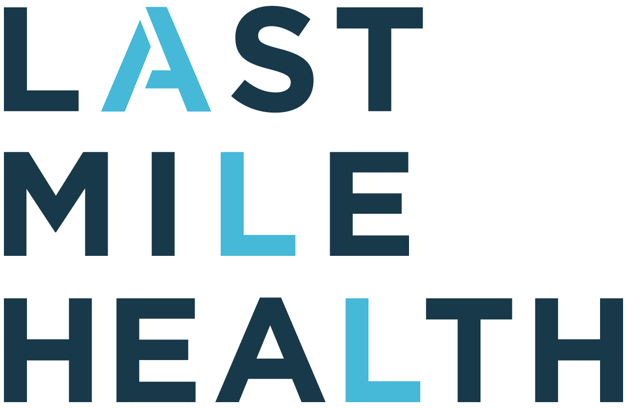 Logo for Last Mile Health with name stacked in dark and light blue text on a dark green background.