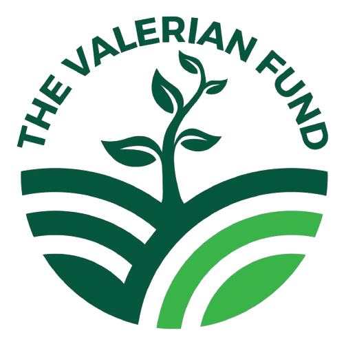 Logo for The Valerian Fund, featuring a green plant sprout on rolling hills within a circle.